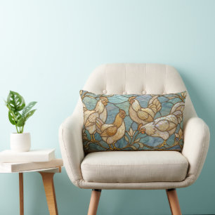 Stained Glass Roosters Elegant Chicken Farmhouse Lumbar Pillow