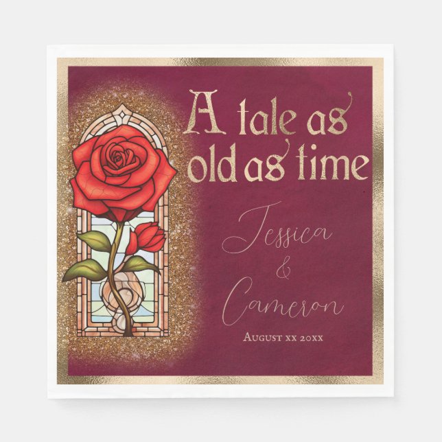 Stained Glass Rose Beauty and the Beast on Red Napkin (Front)