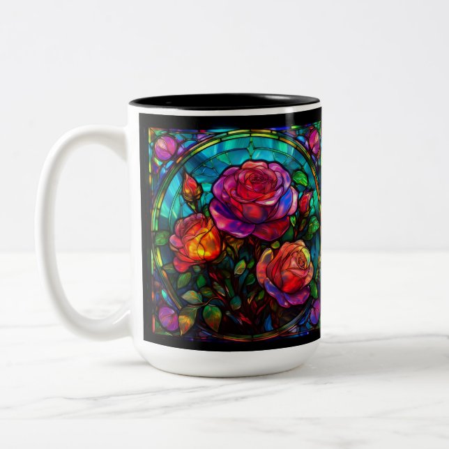 Stained Glass Rose Bouquet Left handed  Two-Tone Coffee Mug (Left)