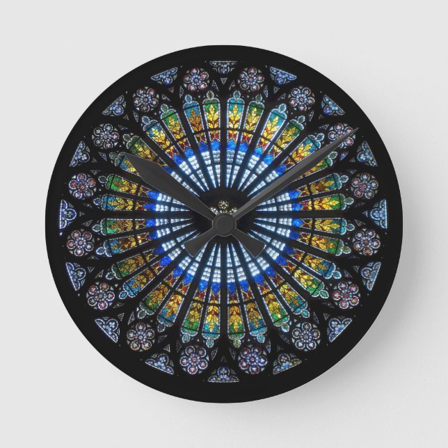 Stained glass rose window in France's Strasbourg Round Clock (Front)