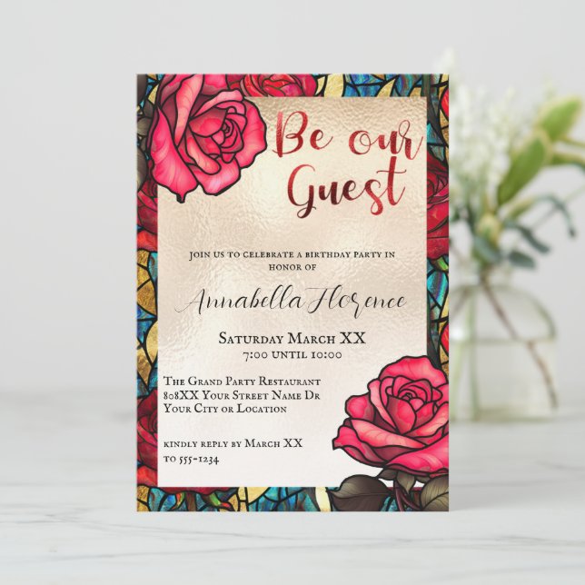Stained Glass Roses Beauty and The Beast Invitation (Standing Front)