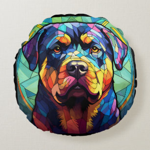 Stained Glass Rottweiler Round Pillow