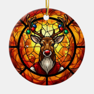 Stained Glass Rudolph Reindeer Ceramic Ornament