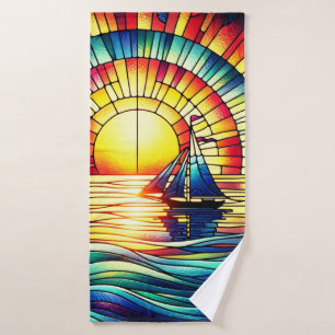 Stained Glass Sailboat Scene Bath Towel