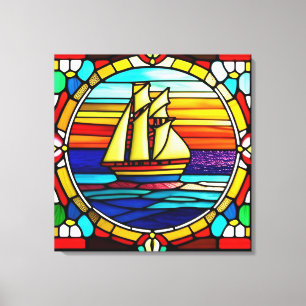 Stained Glass Sailing Ship at Sunset Canvas Print