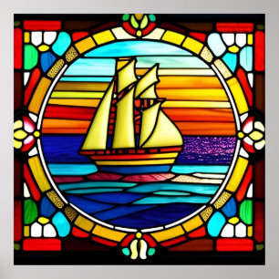 Stained Glass Sailing Ship at Sunset Poster