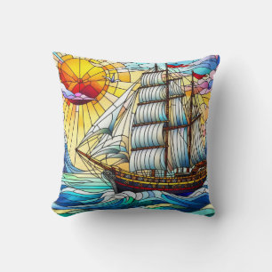 Stained Glass Sailing Ship Throw Pillow