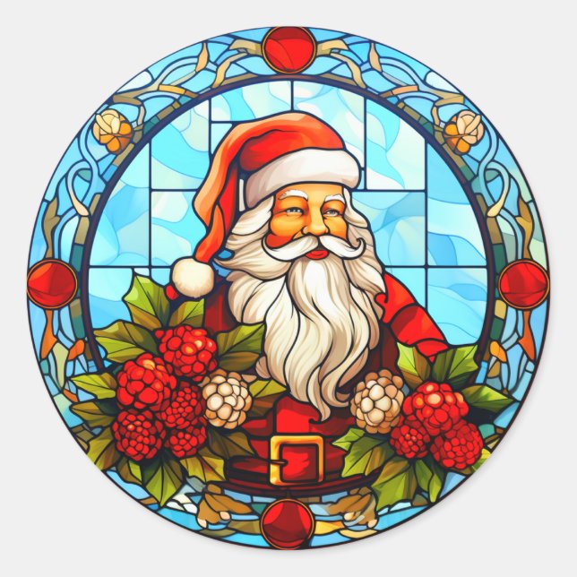 Stained Glass Santa Christmas Ornament-67672 Classic Round Sticker (Front)