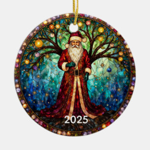 Stained Glass Santa Claus Christmas Tree of Life Ceramic Ornament