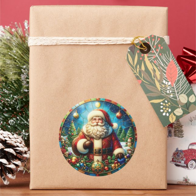 Stained Glass Santa Claus Classic Round Sticker (Holiday)