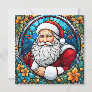 Stained Glass Santa Claus with Flowers #2 Holiday Card