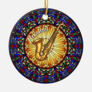 Stained Glass Saxophone Custom Name Christmas Ceramic Ornament