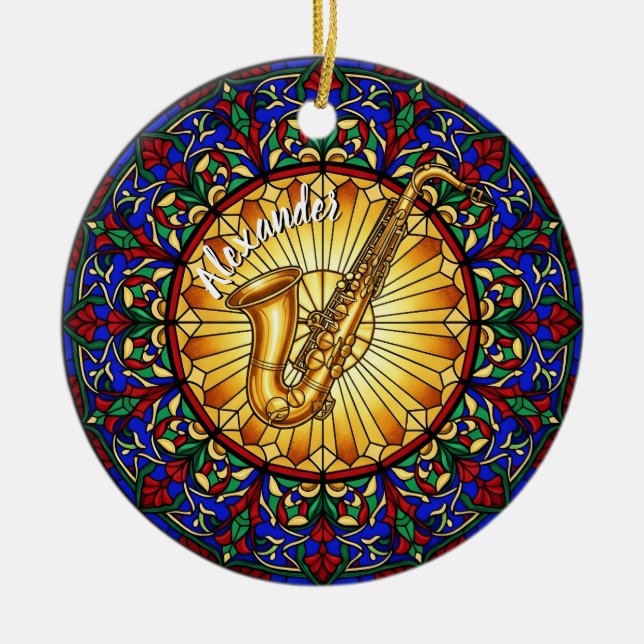Stained Glass Saxophone Custom Name Christmas Ceramic Ornament (Front)