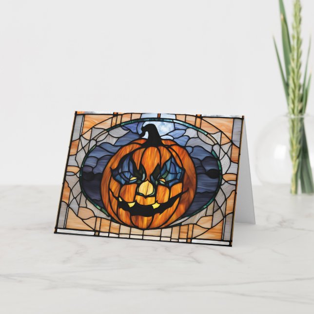 Stained Glass Scary Halloween Pumpkin  Holiday Card (Front)