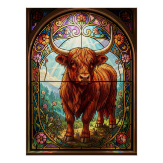 Stained Glass Scottish Highland Cow Art Nouveau Poster