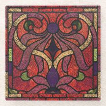Stained Glass Scroll Design in Crimson and Gold