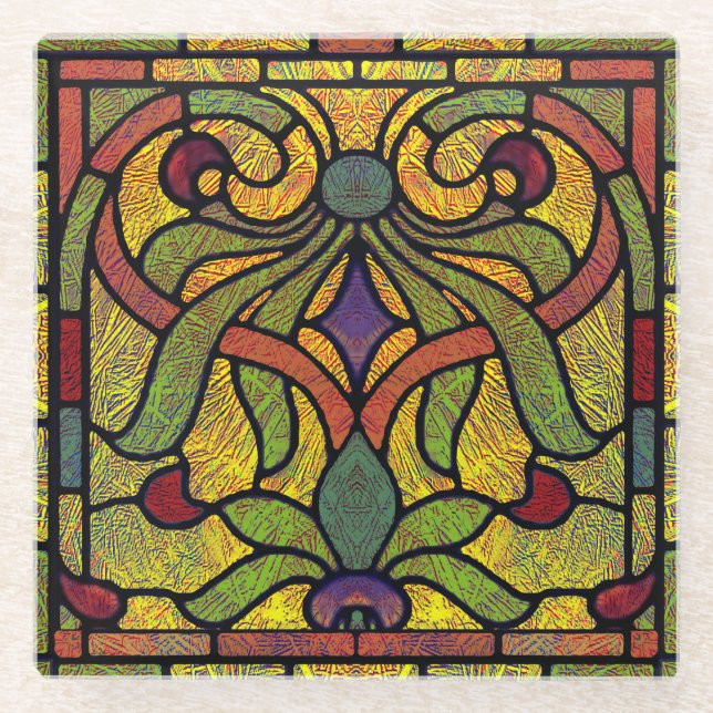 Stained Glass Scroll Design in Gold and Red Glass Coaster (Front)