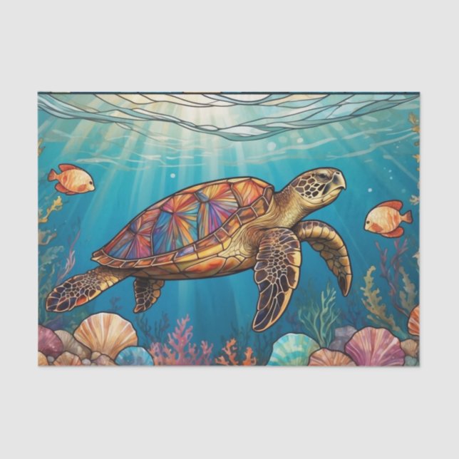 Stained Glass Sea Turtle, Fish, Coral, Ocean Tissue Paper (Front)