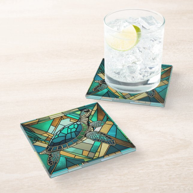 Stained Glass Sea Turtle Illustration Glass Coaster (Angled)