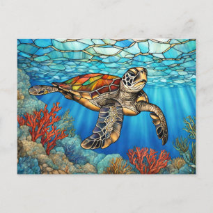 Stained Glass Sea Turtle Swimming, Coral Postcard