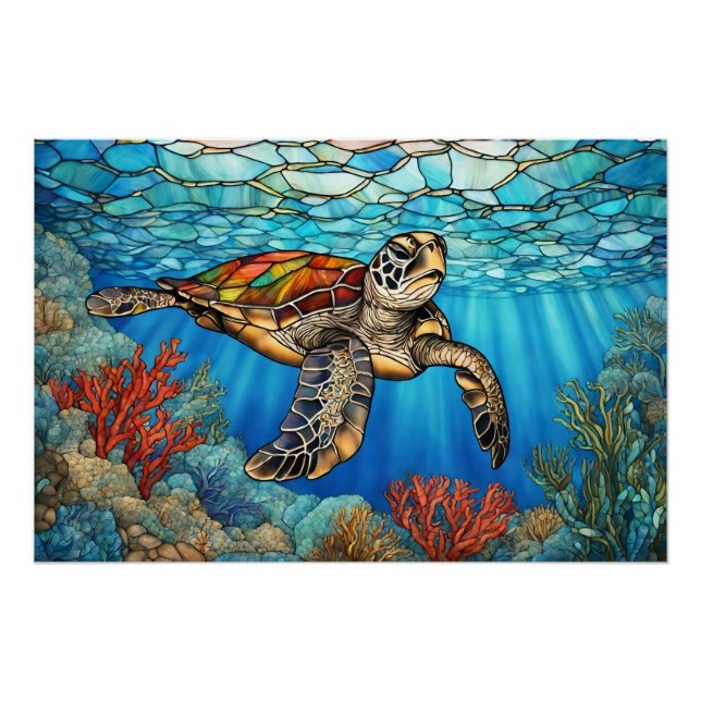 Stained Glass Sea Turtle Swimming, Coral Poster (Front)
