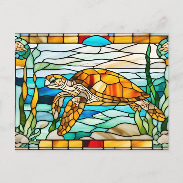 Stained Glass Sea Turtle Swimming in the Ocean  Postcard (Front)