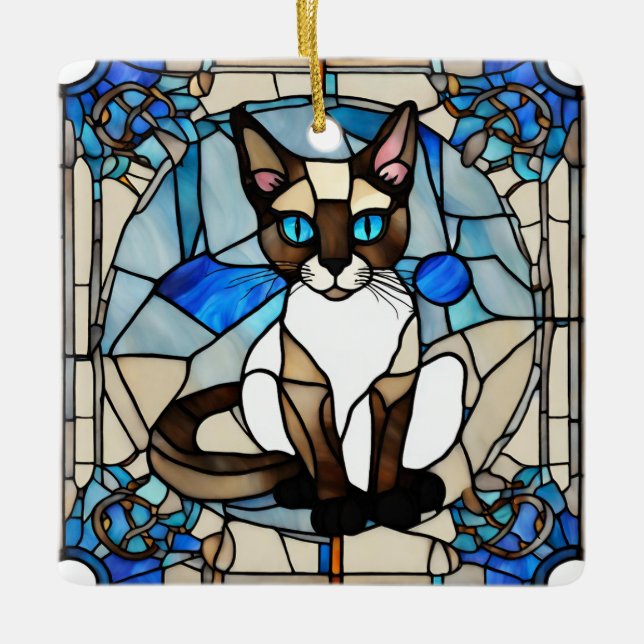 Stained Glass Siamese Cat Ceramic Square Ornament (Front)