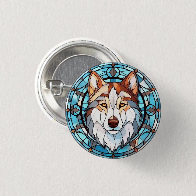 Stained Glass Siberian Husky Dog 1 Inch Round Button (Front & Back)