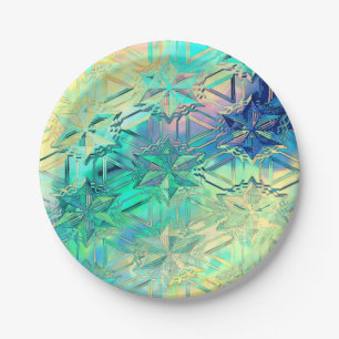 Stained glass snowflake colourful teal pink yellow paper plate