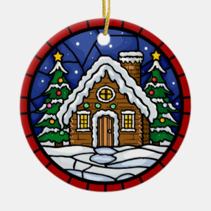 Stained Glass Snowy Cabin Ceramic Ornament