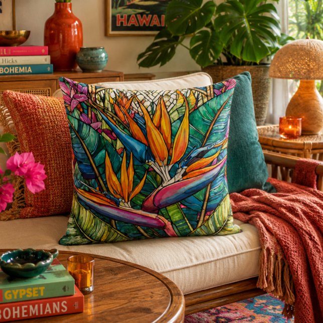 Stained glass style bird of paradise throw pillow (Creator Uploaded)