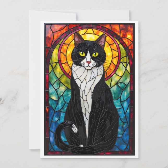 Stained Glass Style Black White Tuxedo Cat Flat Card (Front)