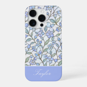 Stained Glass Style Blue Floral Personalized Name iPhone 16 Pro Case