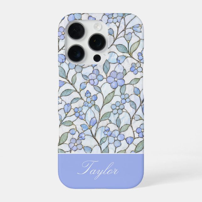 Stained Glass Style Blue Floral Personalized Name iPhone Case (Back)