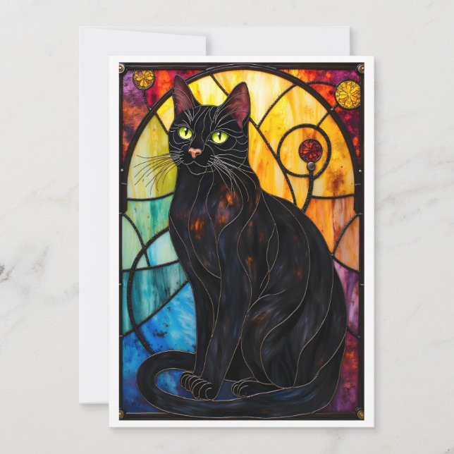 Stained Glass Style Charming Black Cat Flat Card (Front)