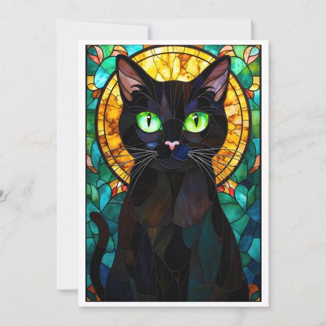 Stained Glass Style Charming Black Cat Green Eyes Card (Front)