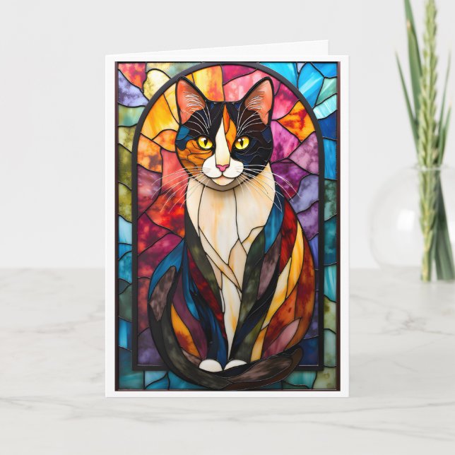 Stained Glass Style Charming Calico Cat Card (Front)