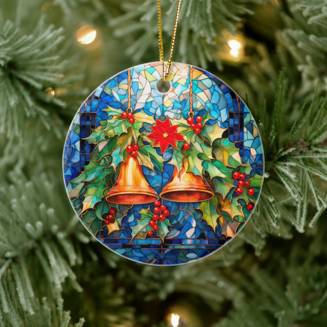 Stained Glass Style Christmas Bells and Poinsettia Ceramic Ornament (Tree)