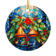 Stained Glass Style Christmas Bells and Poinsettia