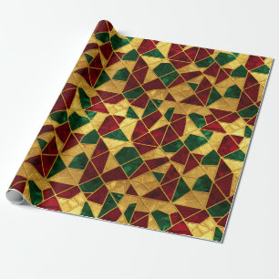 Stained Glass Style Christmas Red Green Gold Wrapping Paper