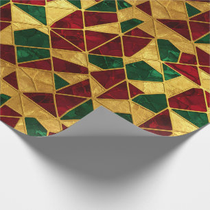 Stained Glass Style Christmas Red Green Gold Wrapping Paper