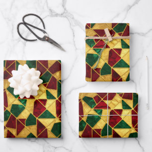 Stained Glass Style Christmas Red Green Gold Wrapping Paper Sheet