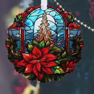 Stained Glass Style Christmas Tree and Poinsettia Ornament Card