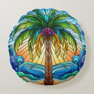 Stained Glass Style Colourful Palm Tree Round Pillow