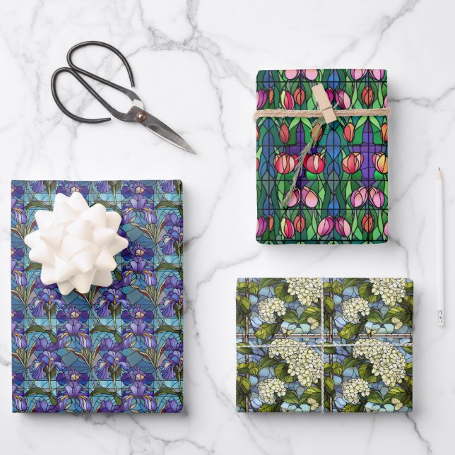 Stained Glass Style Floral Wrapping Paper Sheet (Front)