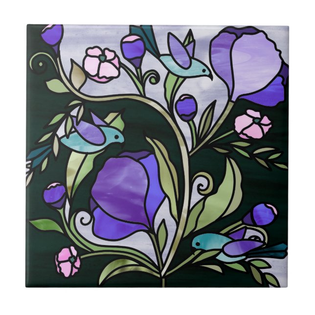 Stained glass style green birds and purple flowers tile (Front)