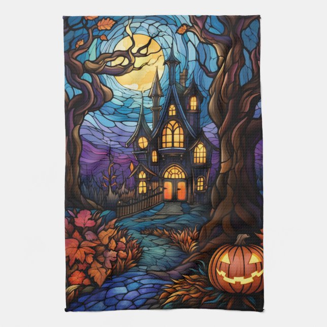 Stained Glass style haunted house Kitchen Towel (Vertical)