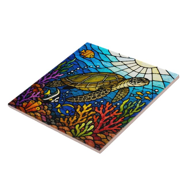 Stained glass style Hawaiian sea turtle Honu art Tile (Side)