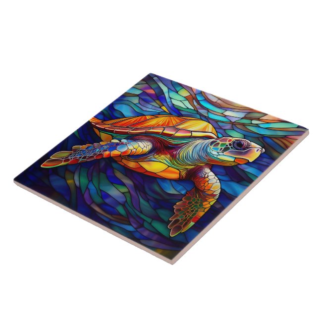 Stained glass style Hawaiian sea turtle Honu art Tile (Side)