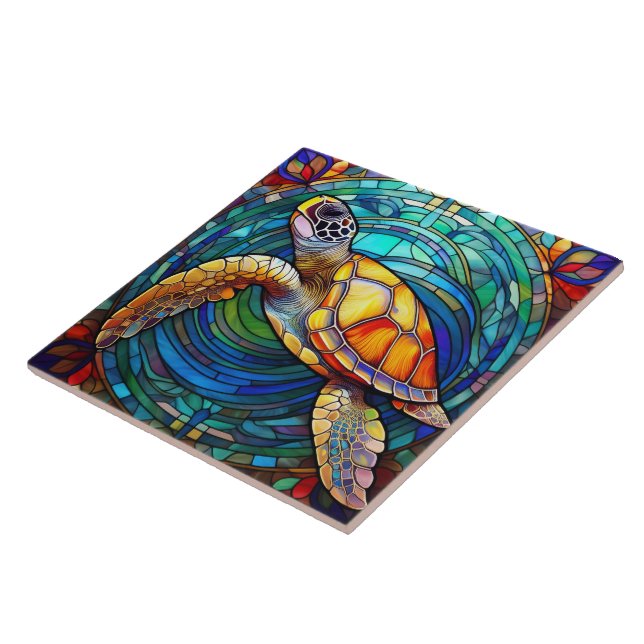 Stained glass style Hawaiian sea turtle Honu art Tile (Side)